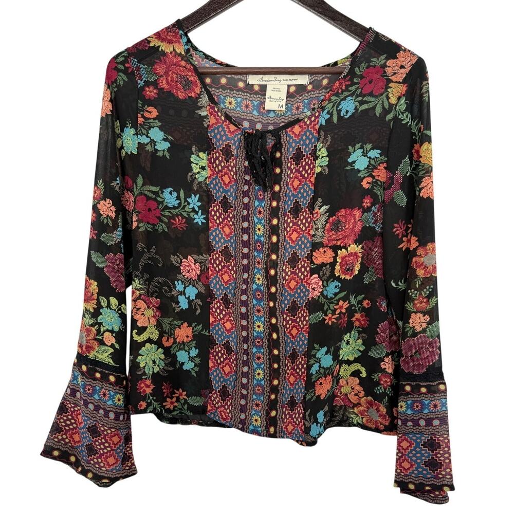 American Rag Boho Blouse Womens Medium Black Floral Peasant Bell Sleeve Sheer